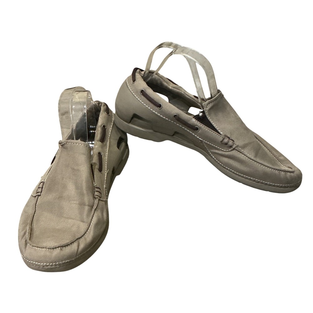 Crocs‎ Beach Line Boat Shoes Mens 13 Khaki Tan Canvas Slip On Loafers 15386